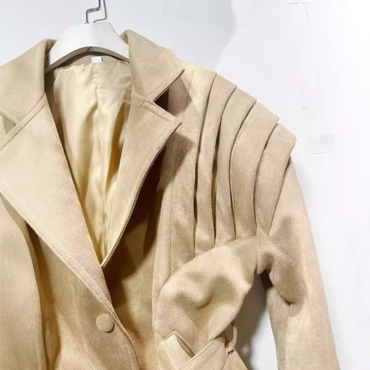 Elegant synthetic leather jacket for women with ruffle details and practical pockets Lune London