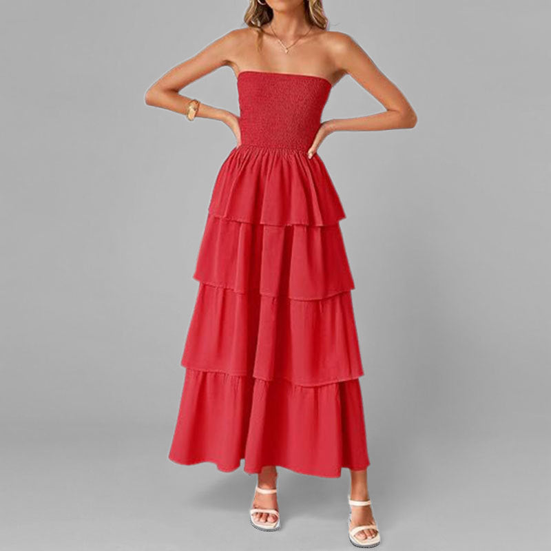 Robe maxi femme avec design à épaule dénudée et jupe volumineuse à volants Chic & Stil
