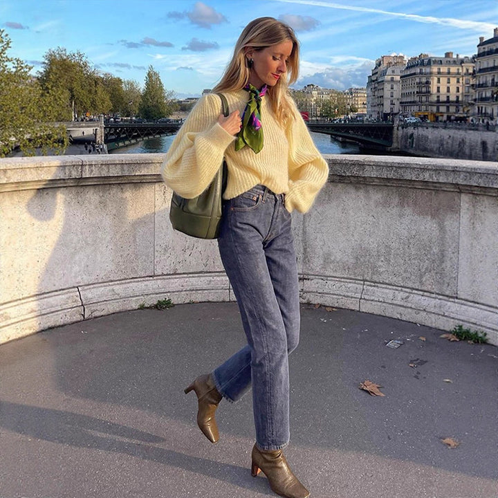 Women's Oversize Mohair Blend Sweater with Balloon Sleeves and Fine Rib Structure Amarae