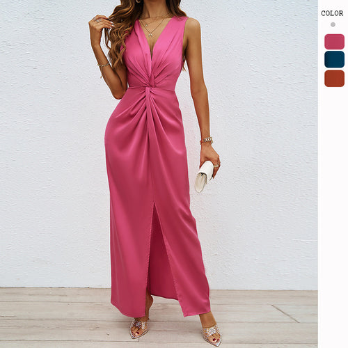 Elegant Maxi Dress for Women with Sophisticated Gathered Neckline and Chic Side Slit & Style