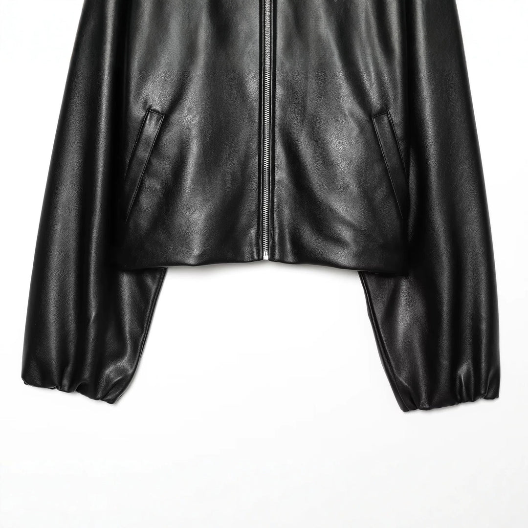 Ladies Cropped Faux Leather Jacket with Stand Collar and Zip Closure Amarae