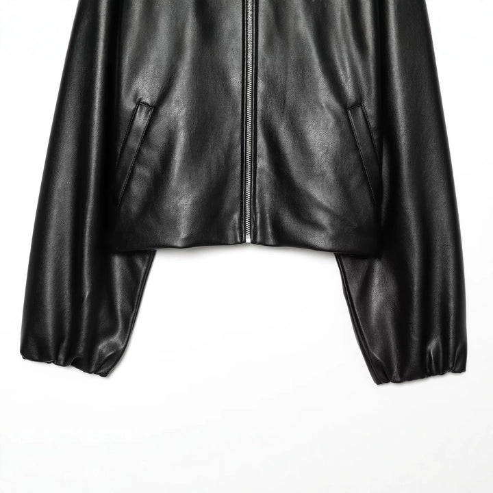 Ladies Cropped Faux Leather Jacket with Stand Collar and Zip Closure Amarae
