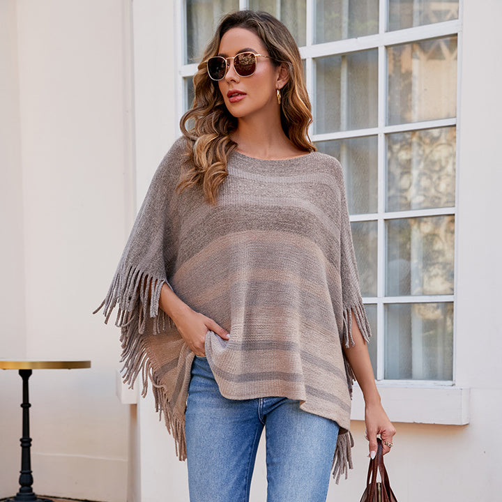Ladies elegant poncho with textured design and fringe details Lune London