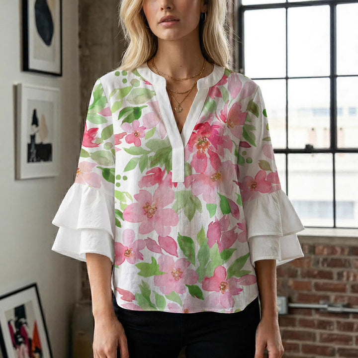 Ladies blouse with voluminous ruffled sleeves and floral print Lune London