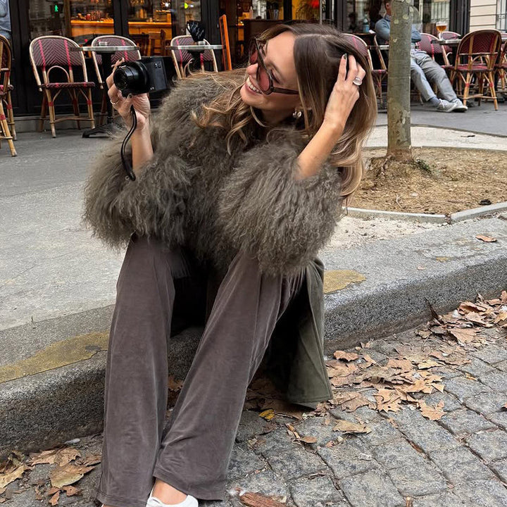 Women's Midi Length Tied Coat in Suede Look with Oversized Fur Collar and Voluminous Fur Cuffs Amarae