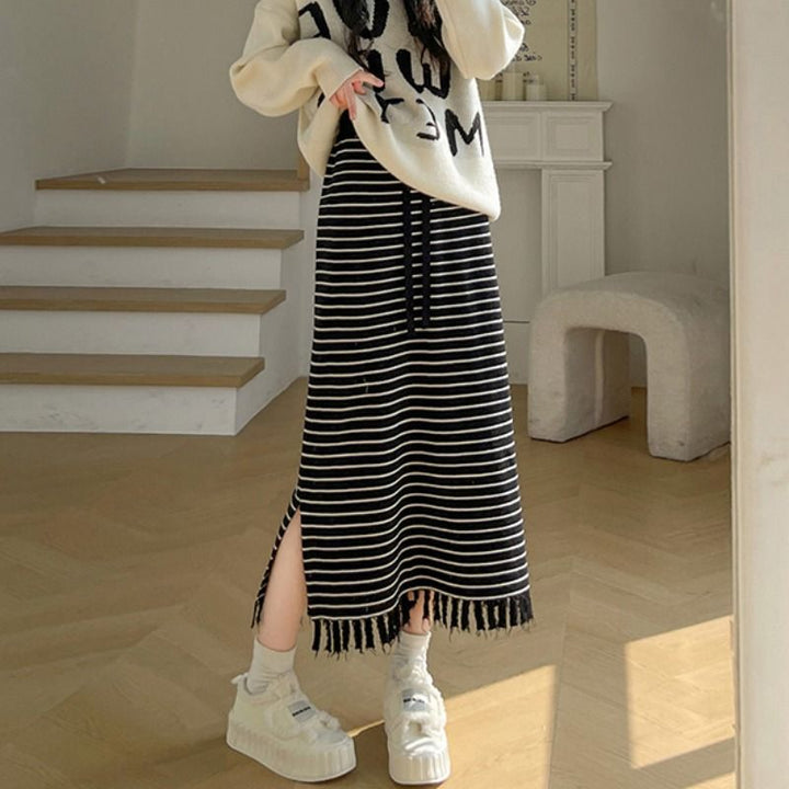 Jupe midi rayée pour femmes avec franges Chic & Stil