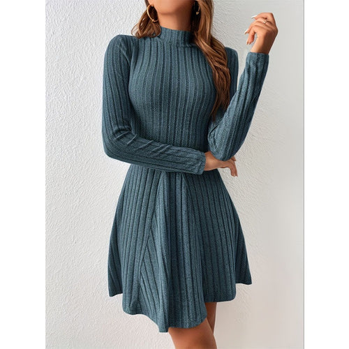 Women Elegant Knit Dress with High Collar and Asymmetrical Cut Amarae