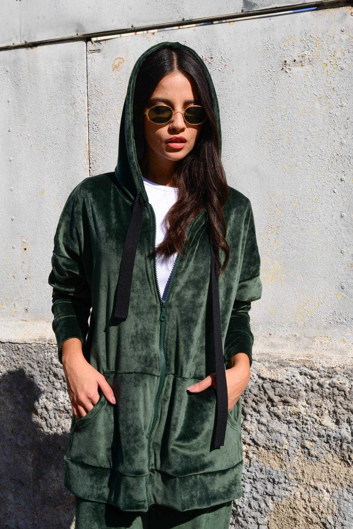 Ladies Luxurious Velvet Hooded Jacket with Soft Lining and Convenient Pockets Lune London