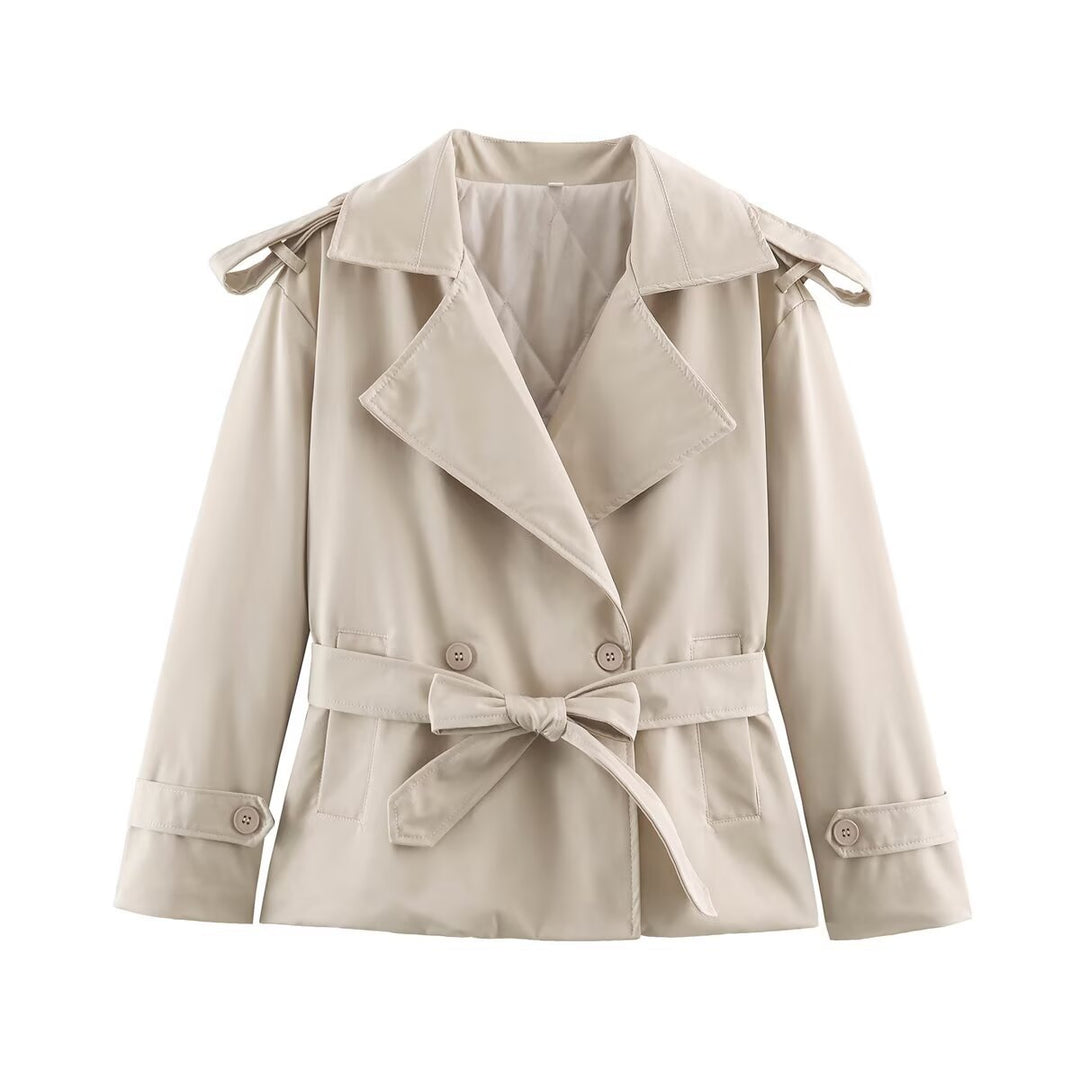 Women's Tailored Short Trench Coat with Tie Belt and Shoulder Patches Amarae