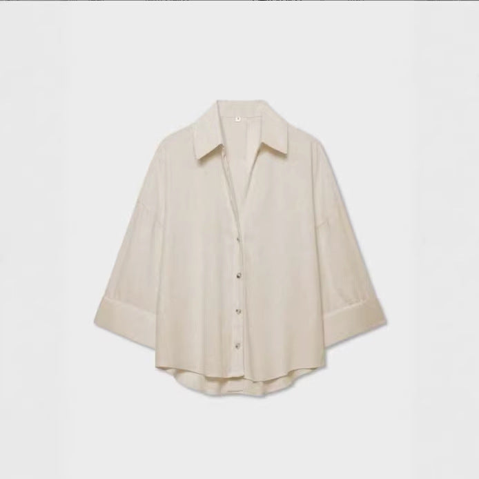 Women's Lightweight Oversized Linen Look Blouse with Three-Quarter Sleeves and Full Button Placket Amarae