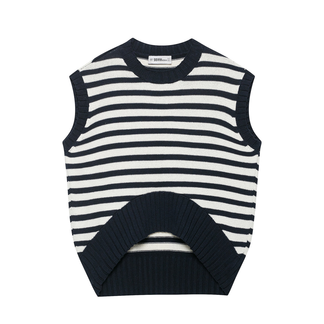 Women's Striped Knit Vest with Round Neck and Wide Ribbed Cuff Amarae