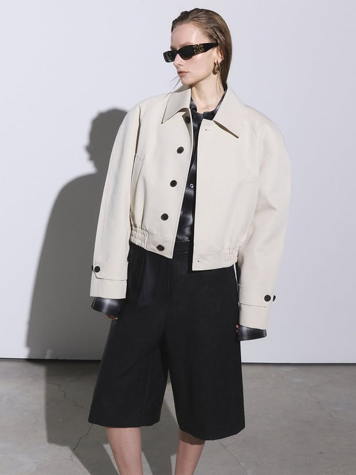 Women's Short Boxy Blouson with Elastic Hem and Distinctive Button Details Amarae