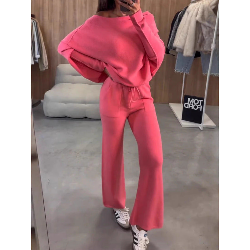 Women's Knit Loungewear Set with Oversized Shoulder, Wide Leg and Drawstring Amarae