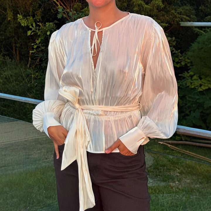 Women Elegant Wrap Blouse with Tie Belt and Voluminous Balloon Sleeves Amarae