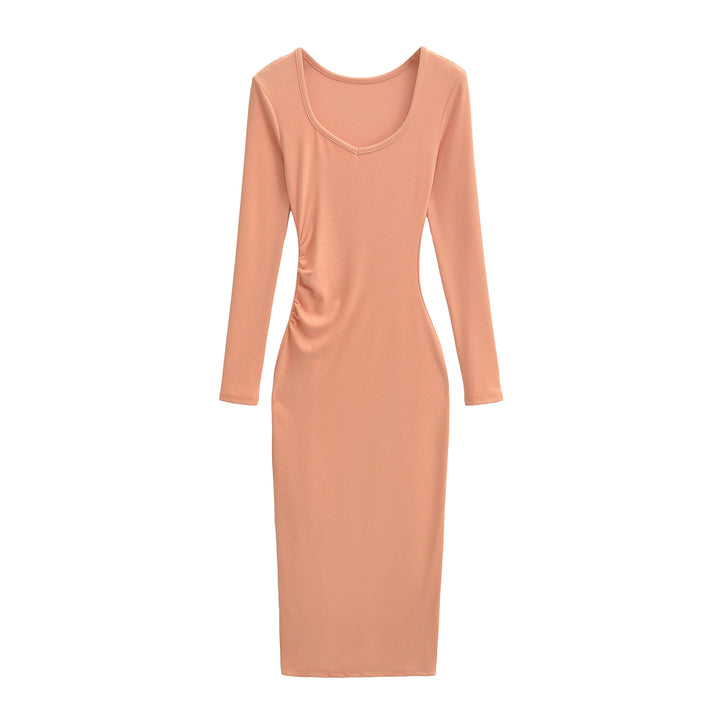 Women's Fitted Midi Dress with Side Ruching and Double Neckline Amarae
