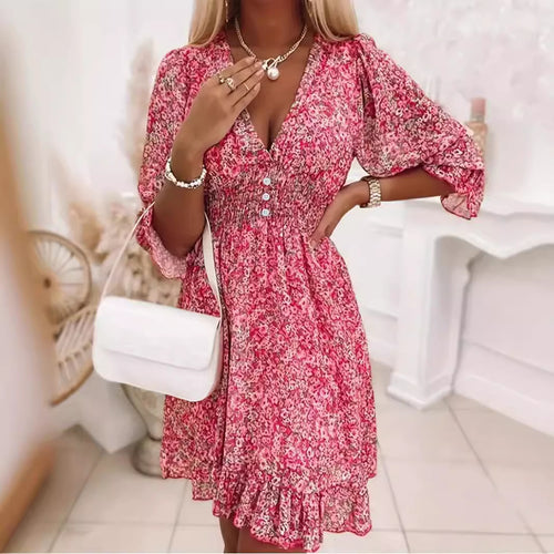 Ladies Mini dress playful and elegant with deep V-neckline and ruffle details Amarae