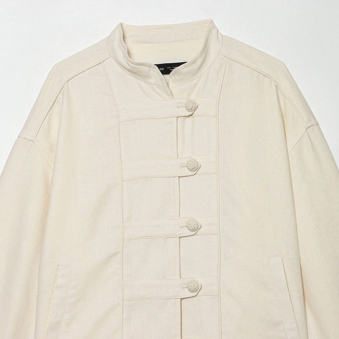 Women's Cropped Jacket with Stand-up Collar and Decorative Knot Buttons Amarae