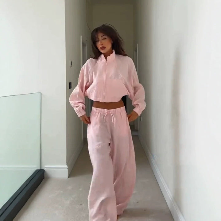 Women’s Casual Satin Tracksuit with Short Zipper Top & Wide Drawstring Pants Amarae