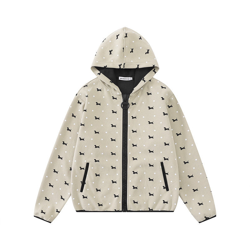Women Lightweight Hooded Zip Jacket with Dog Silhouette and Polka Dot Allover Amarae