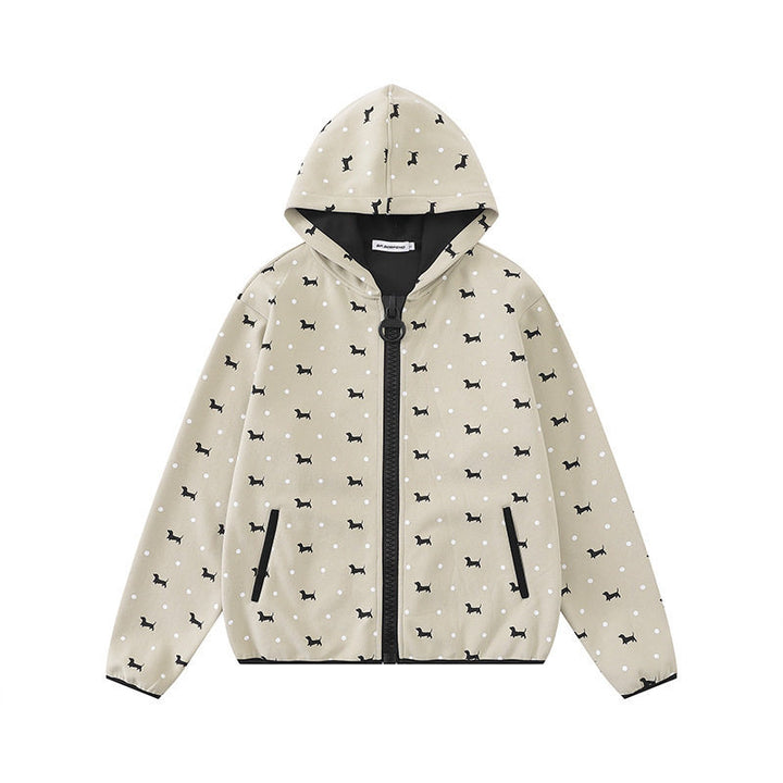Women Lightweight Hooded Zip Jacket with Dog Silhouette and Polka Dot Allover Amarae
