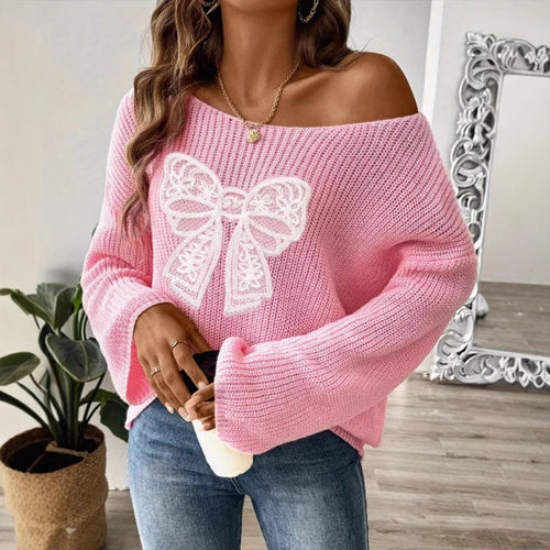 Ladies oversized knit sweater with romantic bow pattern Amarae