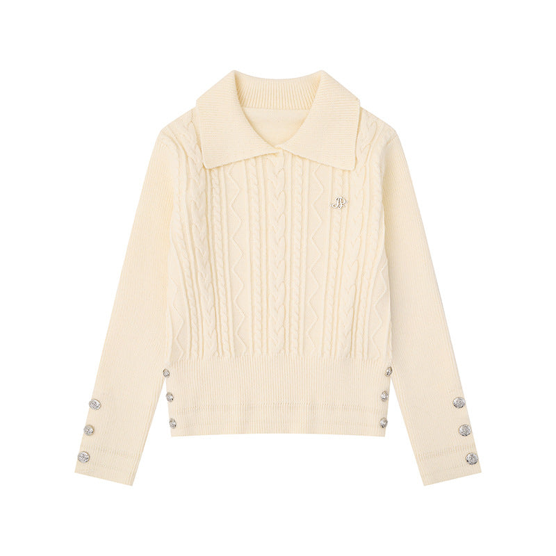 Women's fine knit polo sweater with cable pattern, decorative button trim and tailored fit Amarae
