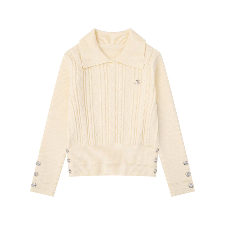 Women's fine knit polo sweater with cable pattern, decorative button trim and tailored fit Amarae