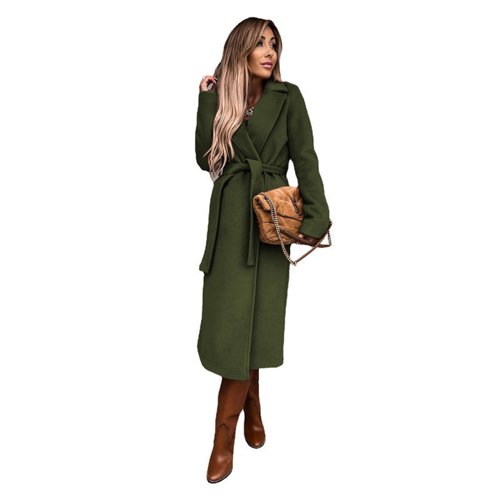 Ladies Elegant Long Coat with Waist Belt and Slim Chic Cut and Style