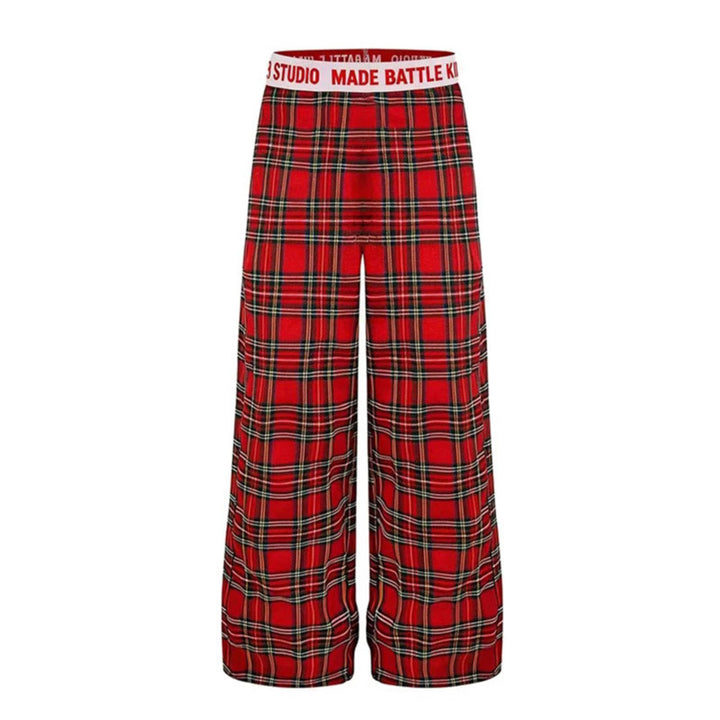 Ladies Wide Lounge Pants with Check Pattern and Elastic Logo Waistband Amarae