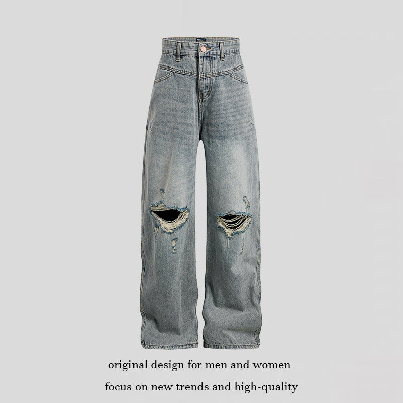 Women's Wide High-Cut Palazzo Jeans with Destroyed Knee Part