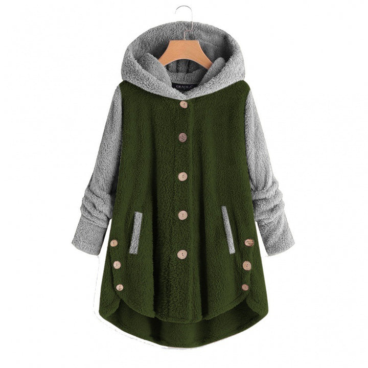 Women's Oversized Teddy Coat with Hood, Asymmetrical Zigzag Hem and Wooden Button Placket Amarae