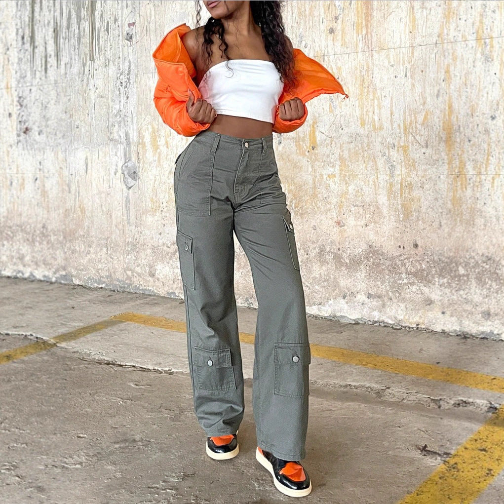 Ladies cargo pants with high waist, wide leg and flap pockets Amarae