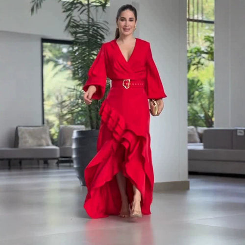 Women's Elegant Wrap Maxi Dress with Ruffles, Fitted Belt & Wide Bell Sleeves Amarae
