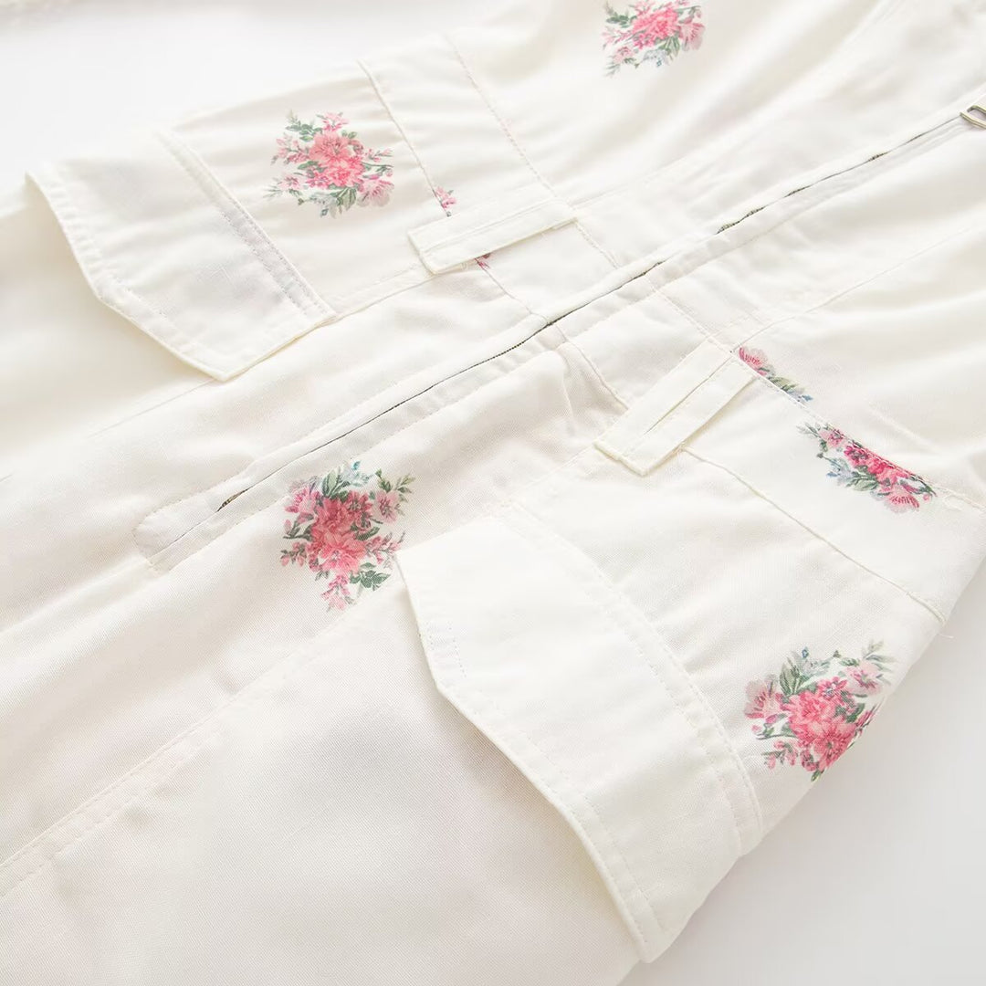 Women Long Jumpsuit with Floral Print, V-Neck, Zipper and Drawstring Amarae