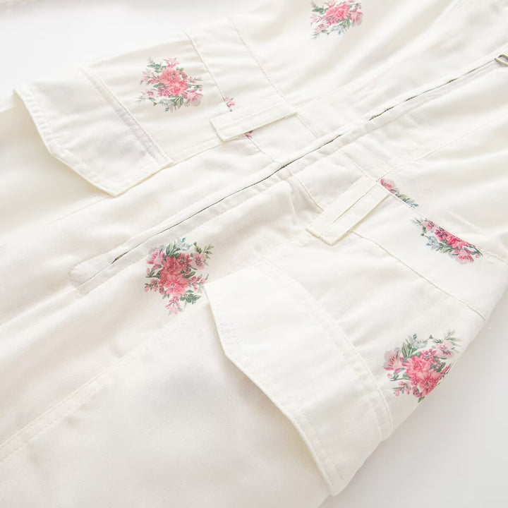 Women Long Jumpsuit with Floral Print, V-Neck, Zipper and Drawstring Amarae