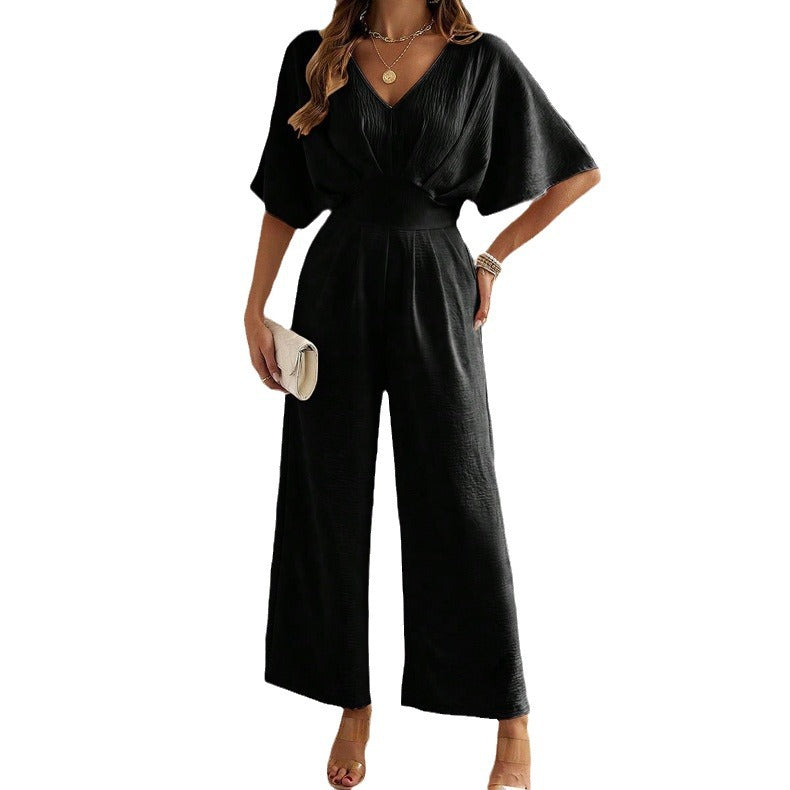 Women Wide Cut Jumpsuit with Elegant Draping and V-Neck Amarae