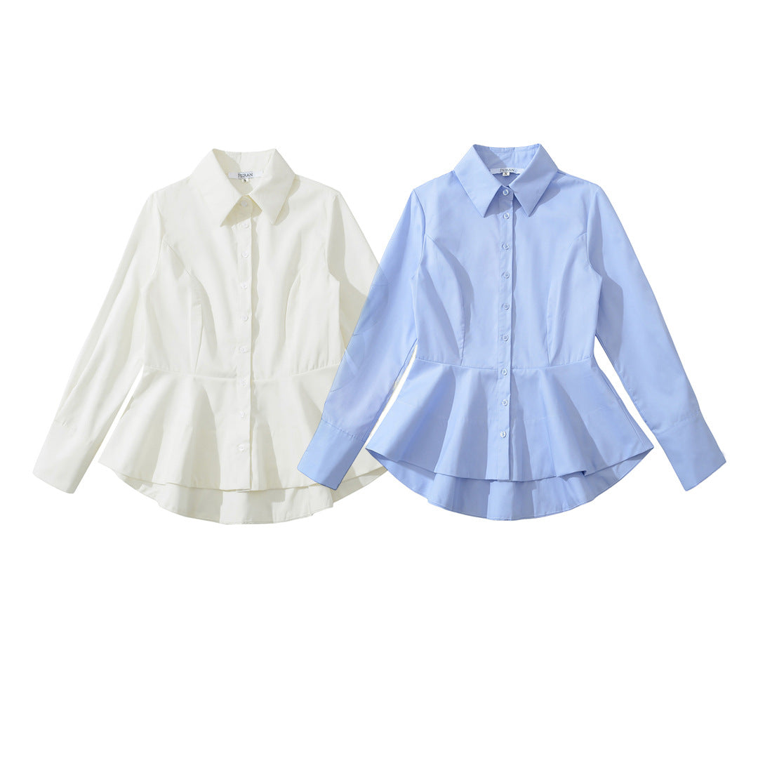 Women's fitted peplum blouse with shirt collar and double-layered hem