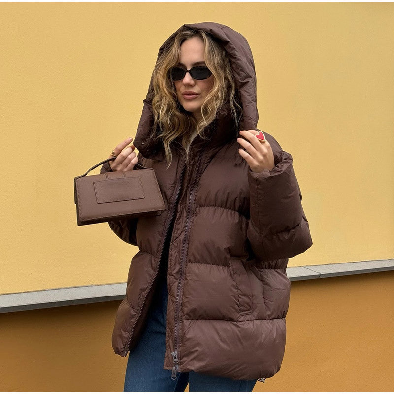 Women oversized high puffy quilted jacket with detachable zipper and kangaroo pockets Amarae