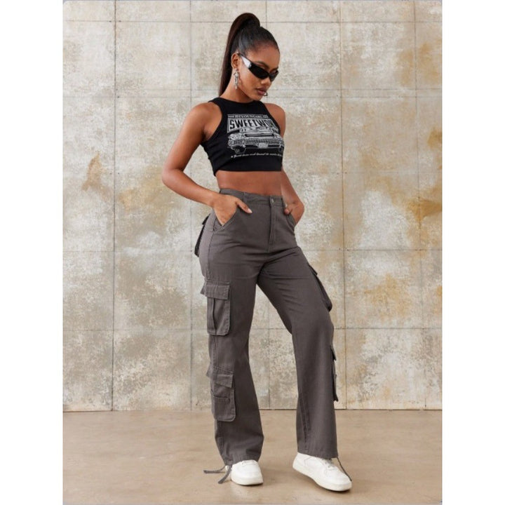 Women High-Waisted Utility Cargo Pants with Straight Leg, Multiple Flap Pockets & Adjustable Hem Amarae
