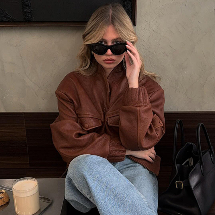 Fashionable synthetic leather jacket for women with unique pockets and elastic ribbed edge finishes Lune London