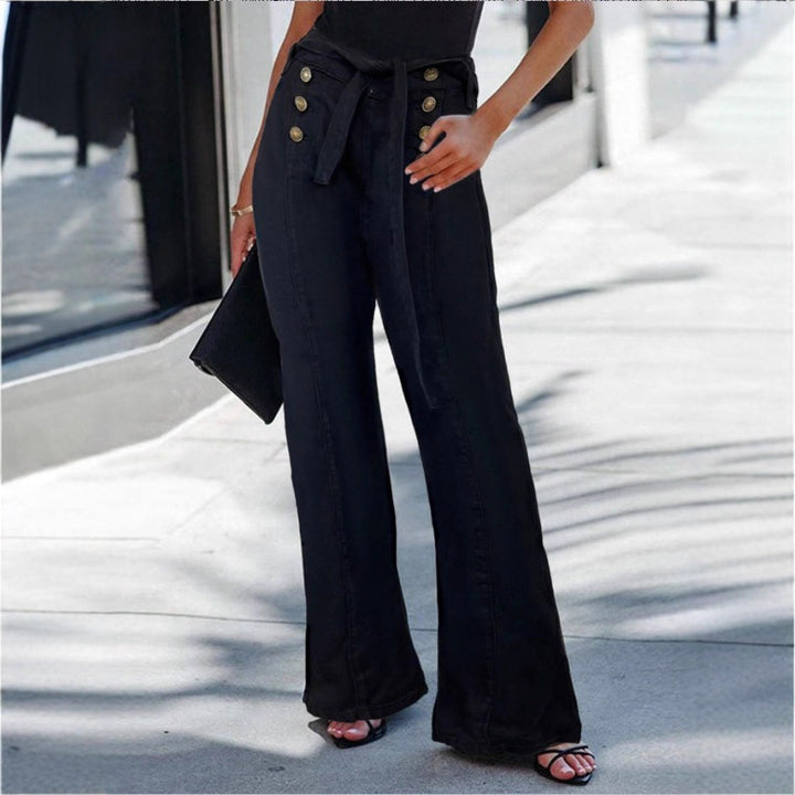 Women High-waisted, maritime-inspired wide jeans with decorative button placket and tie belt Amarae