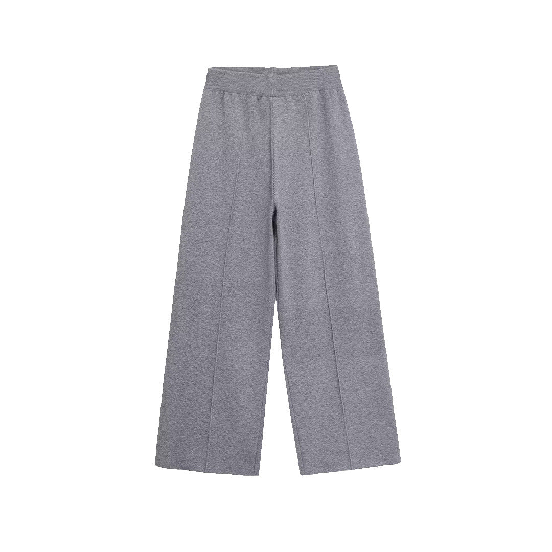 Women's wide knit pants with high waistband, elastic waistband and dividing seam