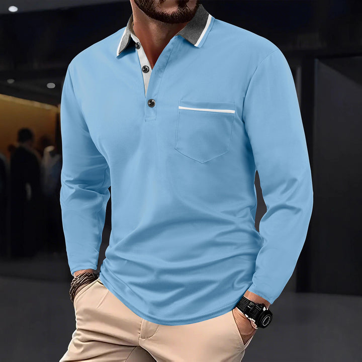 Men's long sleeve polo with textured collar and chest pocket Lune London