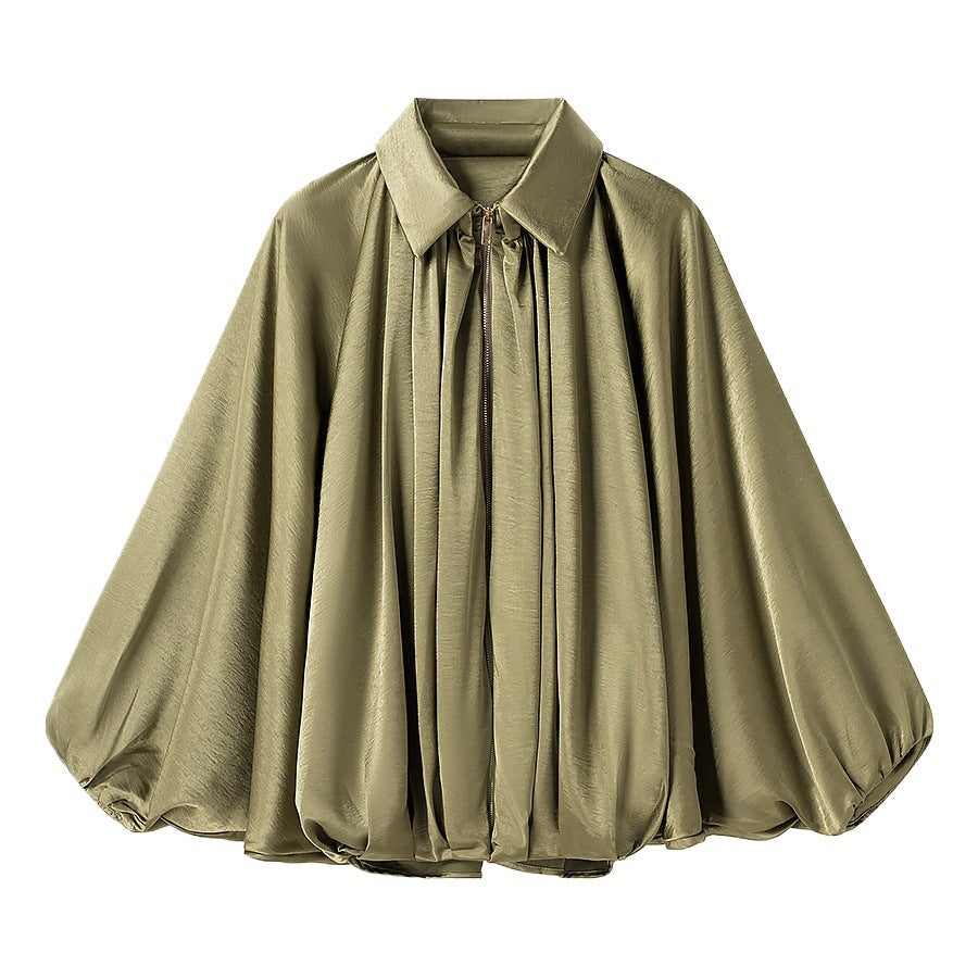 Ladies Soft Satin Cape Blouse Shirt with Lapel Collar, Balloon Sleeves and Concealed Zipper Amarae