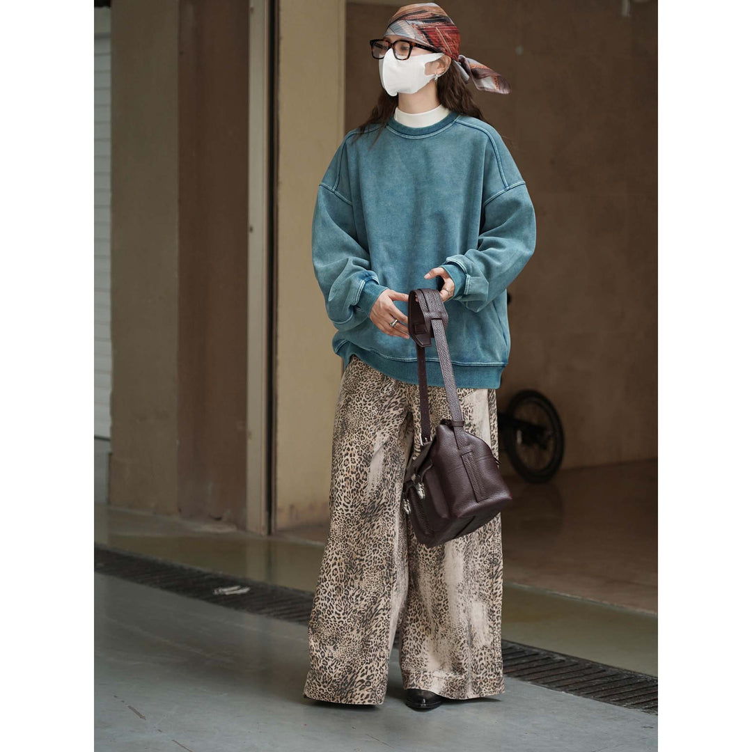 Women's Cotton Blend Relaxed Sweater with Washed Surface and Raglan Sleeves Amarae