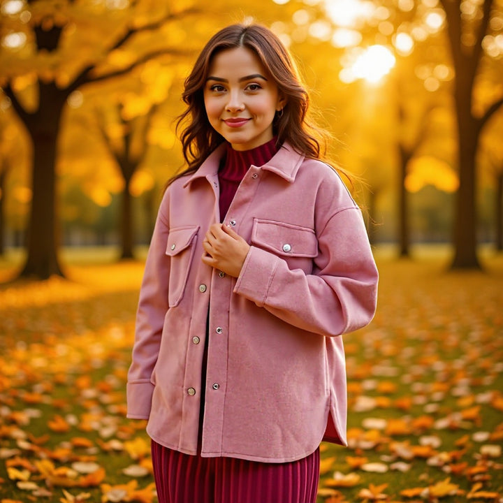 Women's Oversize Wool Blend Shirt Jacket with Snap Button Closure and Applied Flap Pockets Amarae