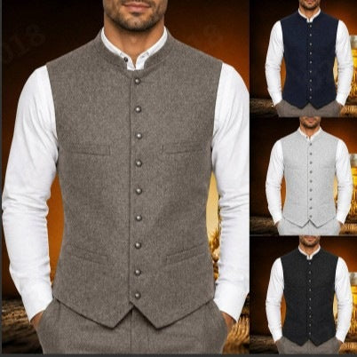 Men's vest with stand-up collar and continuous button placket in traditional style Amarae