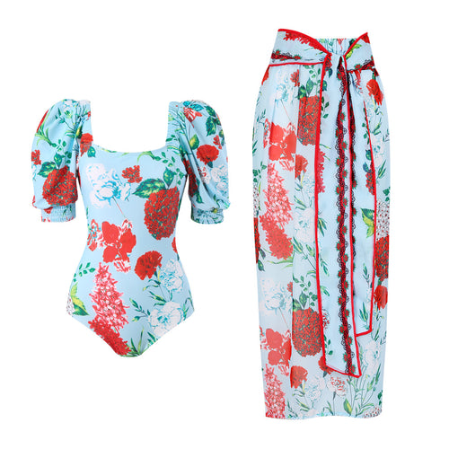 Ladies' swimsuit with voluminous puff sleeves and a matching wrap skirt Amarae