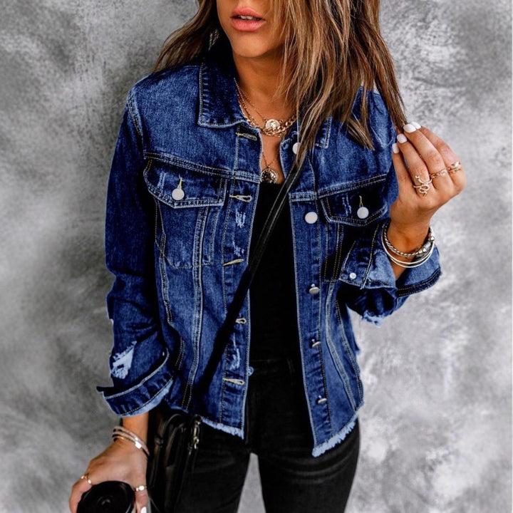 Women's Waist-Cinched Denim Trucker Jacket with Light Destroyed Effect and Fringed Hem Amarae