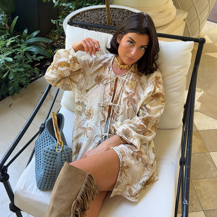 Women's Embroidered Linen Tunic Jacket with Drawstring, Volume Sleeves & Loose Silhouette Amarae
